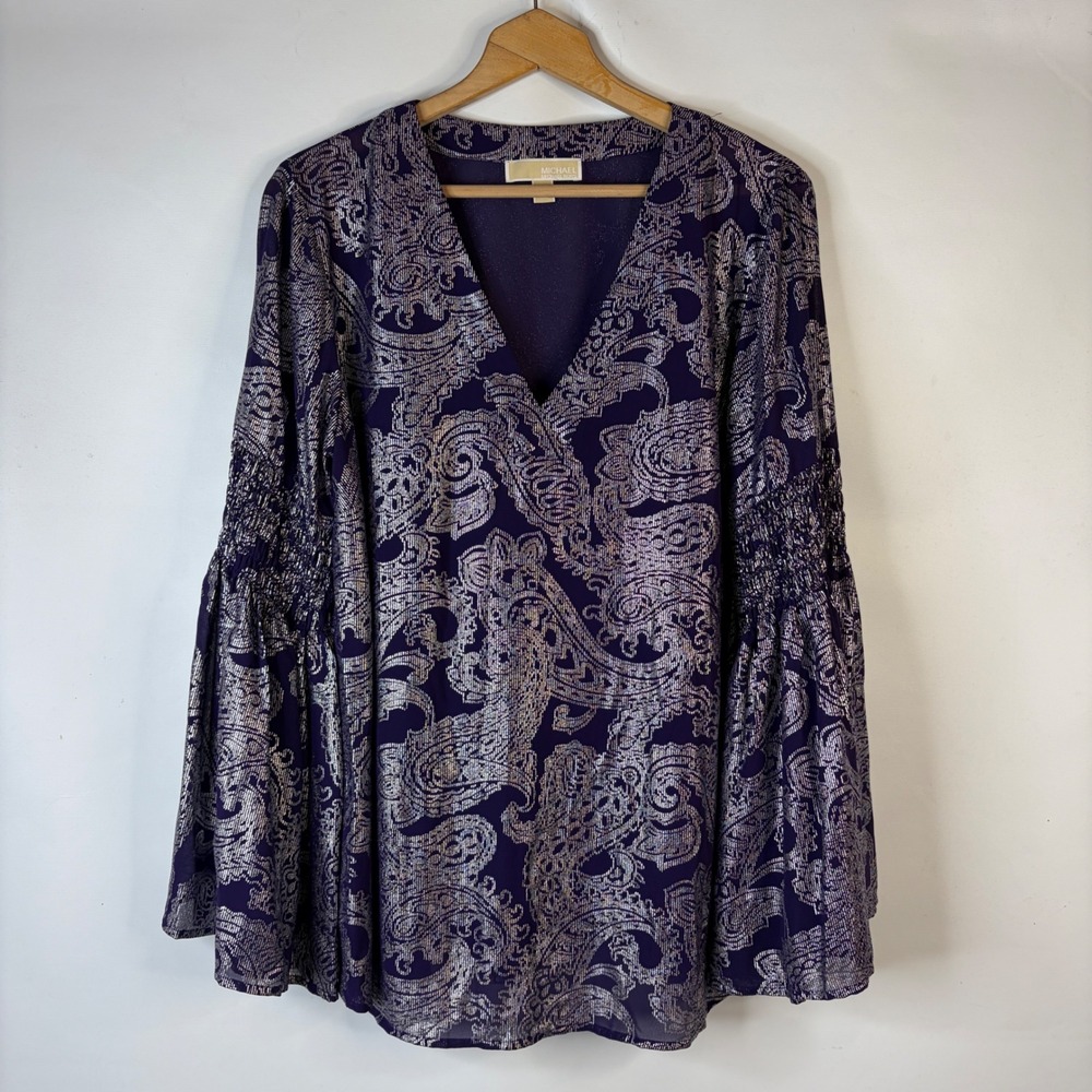 Michael Kors Blouse Women 1X Purple Metallic Paisley Bell Sleeve V-Neck